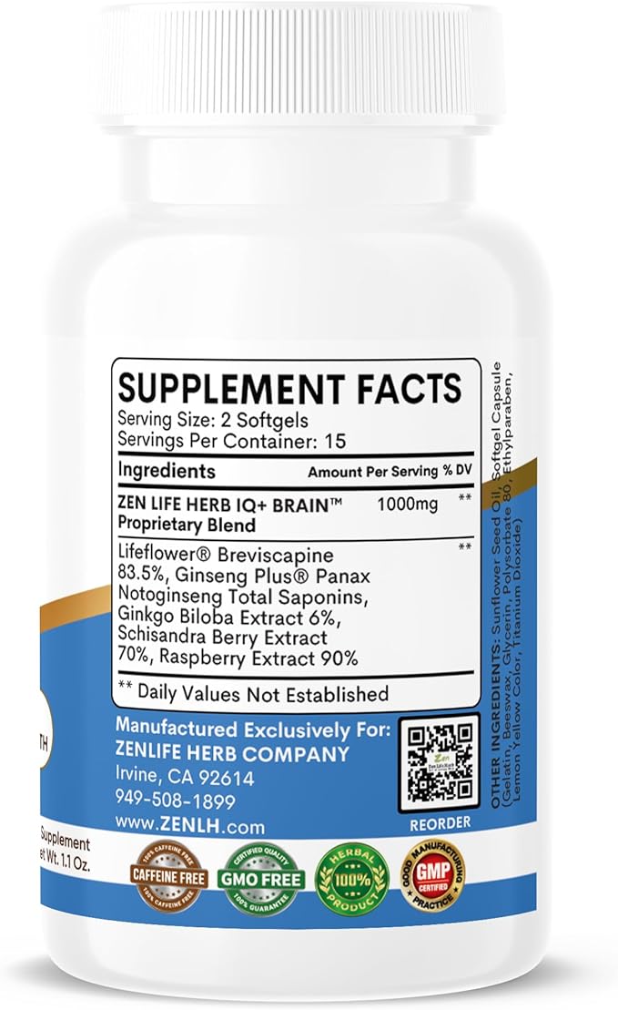 IQ+ Brain - Caffeine-Free, Clinically Tested Focus, Concentration, Memory & Energy, Natural Plant-Based Herbal Supplement, No Added Vitamins/Minerals/Mushroom/Sugar (30 Softgels)