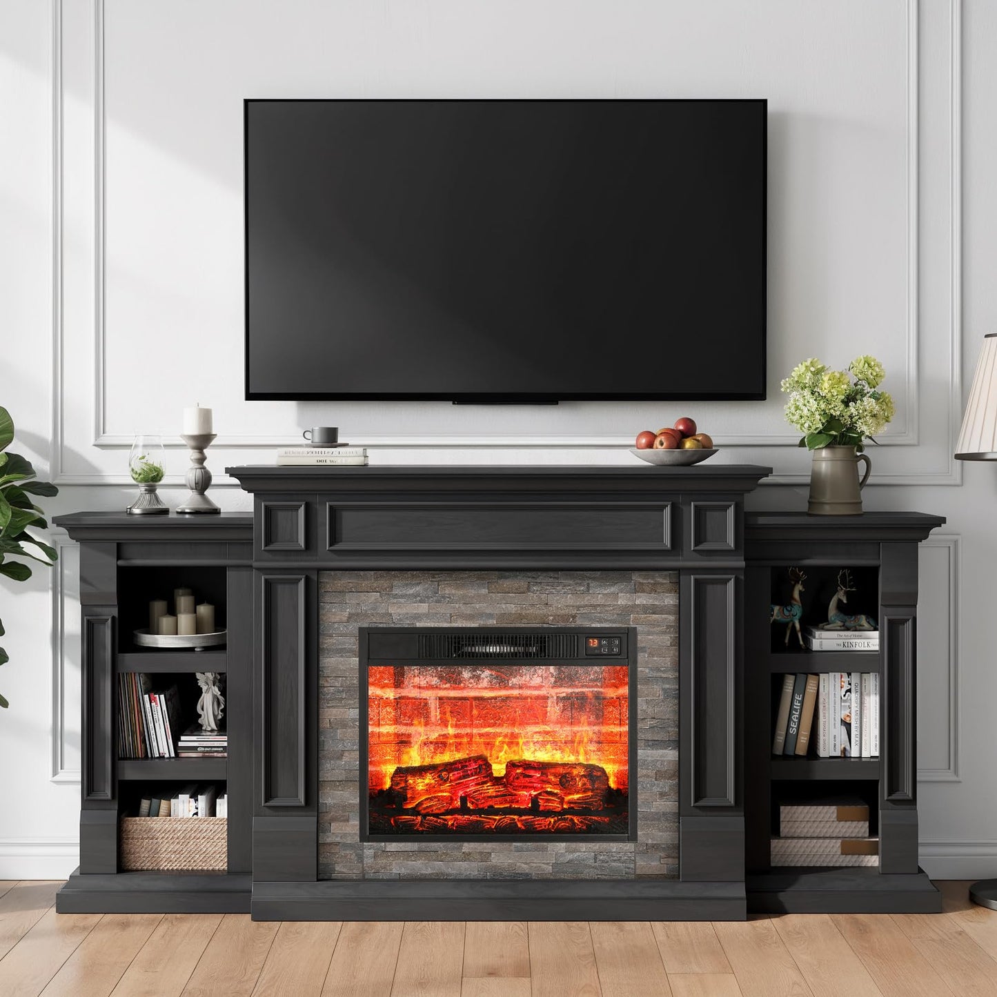 Naice 72" Electric Fireplace with Mantel and Cabinets, Fireplace TV Stand for Living Room Bedroom, Stacked Stone Surround and Remote Control 3D Realistic Flame, Black