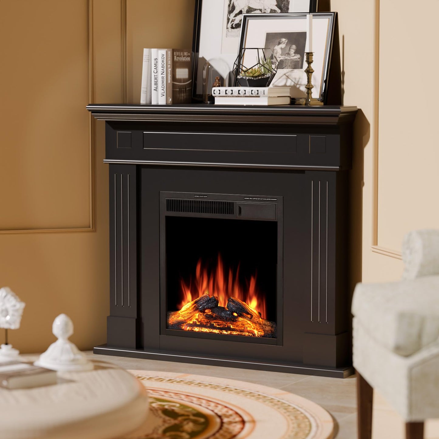 ZAFRO Corner Electric Fireplace with Mantel, TV Stand Electric Fireplace Heater with Remote Control for Living Room, Bedroom, Black