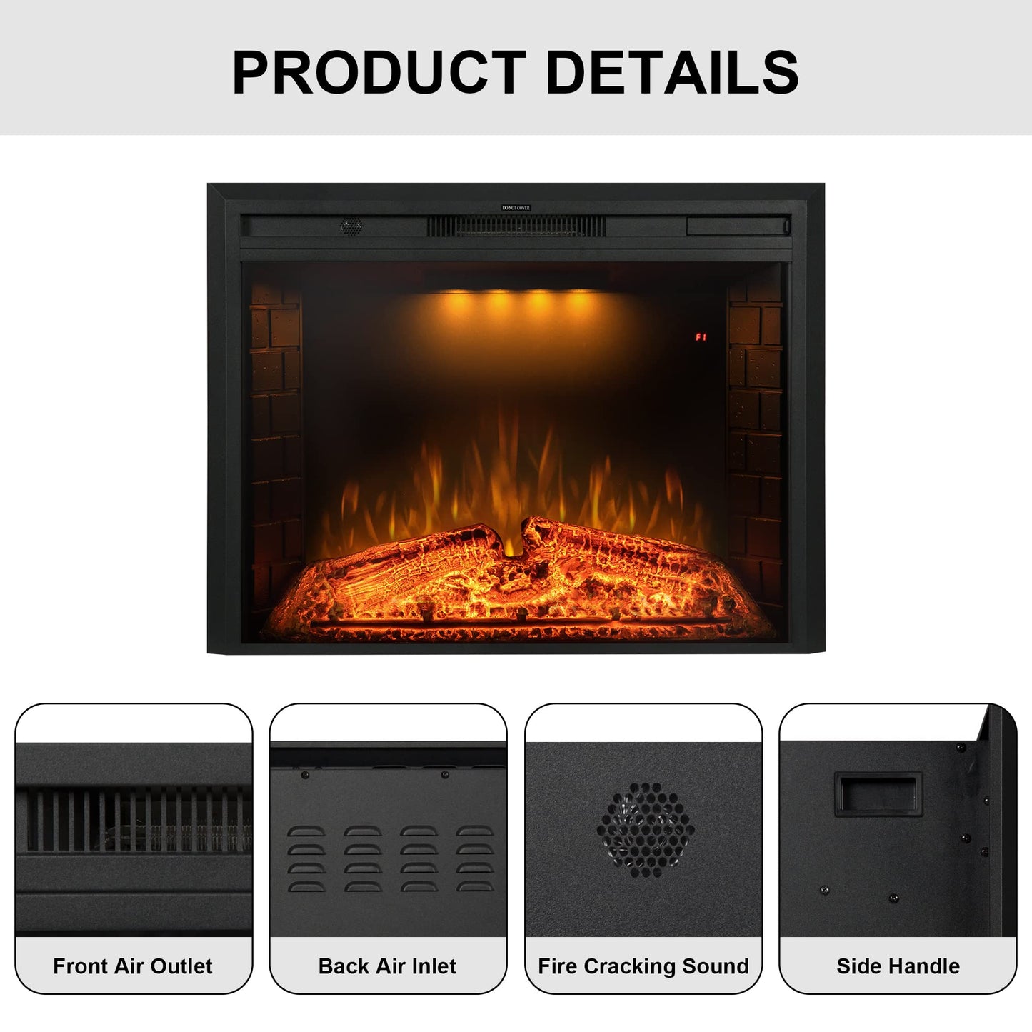 Benrocks 36'' Electric Fireplace Inserts, Recessed & Built in Wall Electric Fireplace Heater with Fire Crackling Sound, Adjustable Top Light & Flame Speed, Overheating Protection, 750/1500W Black