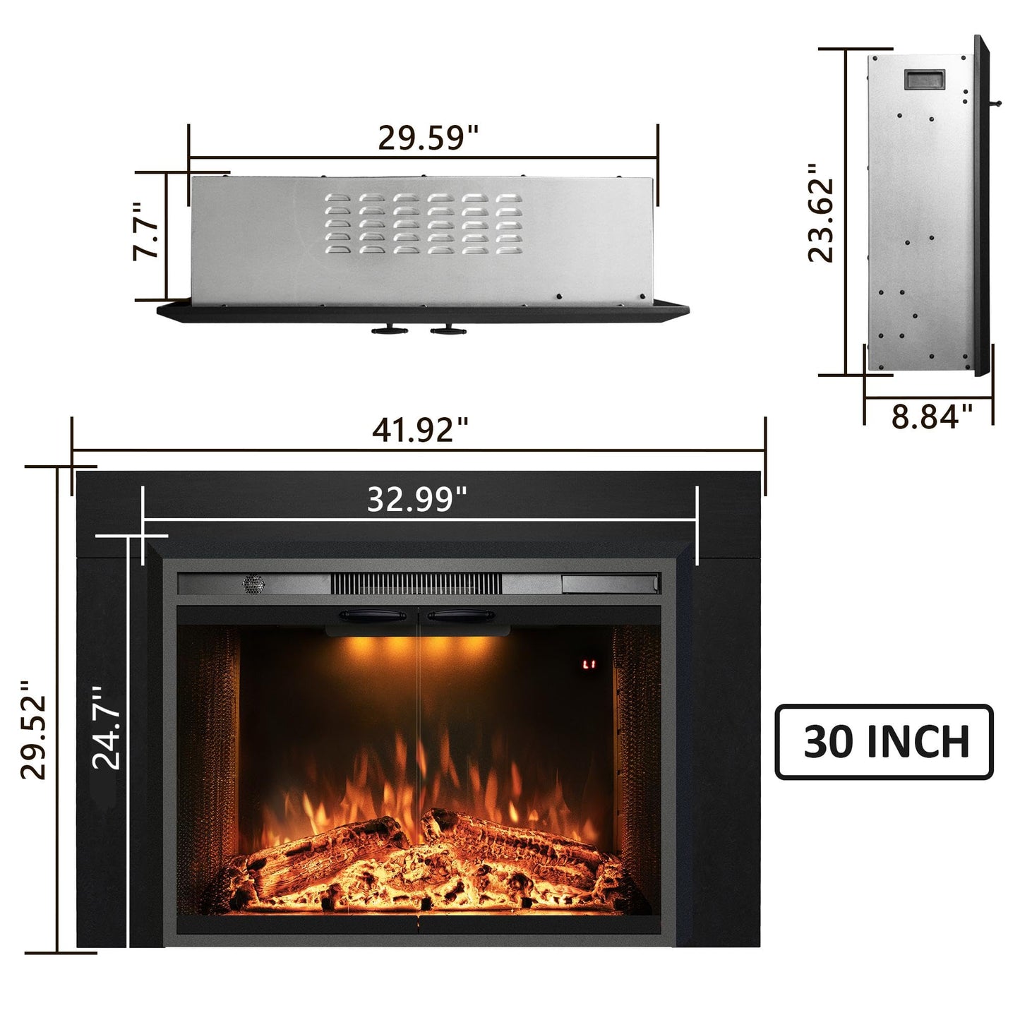 Velaychimny 42" Electric Fireplace Insert with Metal Trim Kit, Adjustable Flame, Fire Crackling Sound, Top Light Colors, Timer, Glass Door & Mesh Screen, Black
