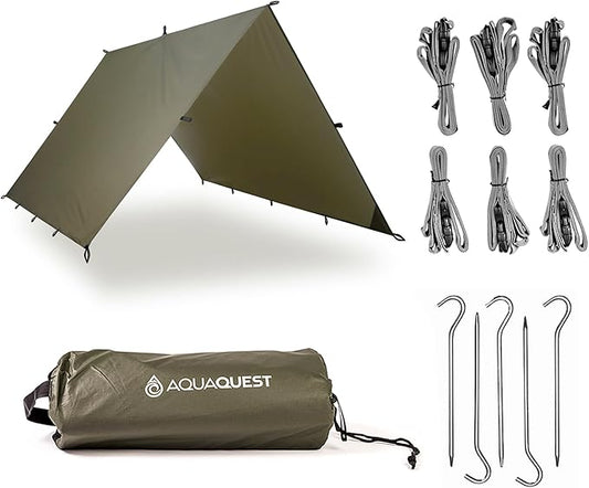 AquaQuest Guide Camping Tarp - Ultralight Tent Cover or Rain Fly - Waterproof Camping Gear Must Haves for Hiking, Hammock, Bivy & Survival, 10 x 7 ft, Olive Drab Kit