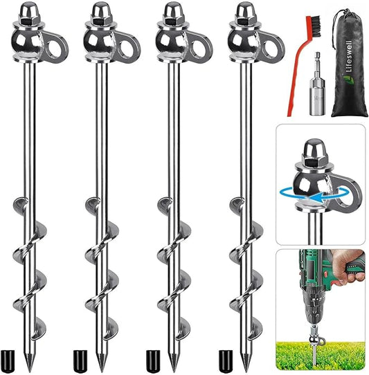 4 Pack Tent Stakes, 12 Inch Heavy Duty Ground Anchors, Full Welding, Easy to Screw in and Reusable, for Camping Tents, Trampolines, Sheds, Swing Sets, Securing Animals