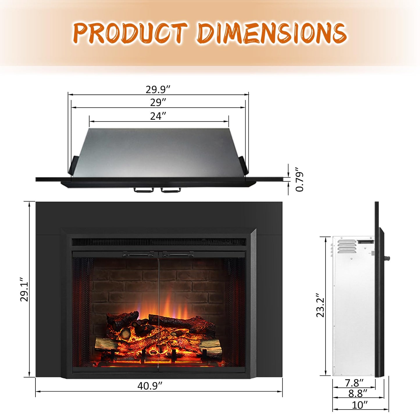 PuraFlame Klaus 30” Electric Fireplace Insert with Trim Kit, Fire Crackling Sound, Resin Log, Glass Door and Mesh Screen, 750/1500W Heater, Black