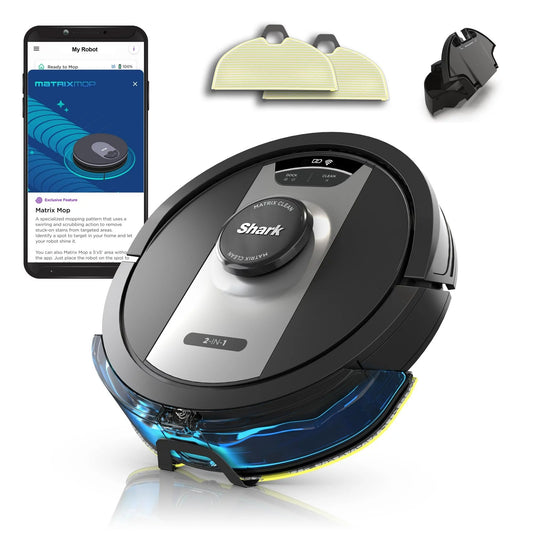 Shark RV2400WD IQ 2-in-1 Robot Vacuum & Mop with Matrix Clean & Sonic Mopping, Perfect for Pet Hair, Carpets, Hard Floors, Compatible with Alexa, Black/Silver, No Self-Empty Base (Renewed)