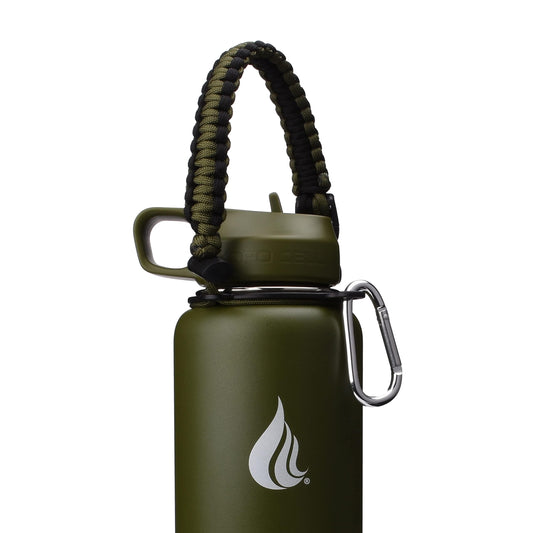 HYDRO CELL Paracord Handle for Wide Mouth Water Bottles - Carrier Strap w/Attachment Ring and Carabiner Accessory. Compatible w/ 64oz, 40oz 32oz, 24oz, 18oz, 14oz Insulated Bottles (Army/Black)