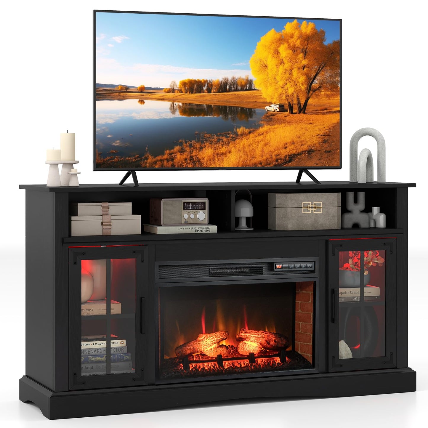 Tangkula Fireplace TV Stand for TVs Up to 65", Adjustable Shelves LED Light Entertainment Center with Electric Fire Place, for Living Room, Bedroom (Black)