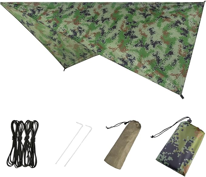 Azarxis Hammock Camping Tarp Rain Fly, Waterproof Tent Footprint Shelter Canopy Sunshade Cloth Picnic Mat for Outdoor Awning Hiking Beach Backpacking - Included Guy Lines & Stakes (Camouflage)