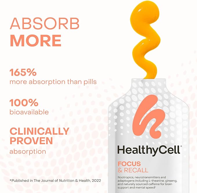 Healthycell Focus & Recall, Daily Liquid Brain Supplement for Focus & Memory - Nootropics Supplement for Concentration & Alertness with L-Theanine, Omega-3 & Taurine - 14 Gel Packs