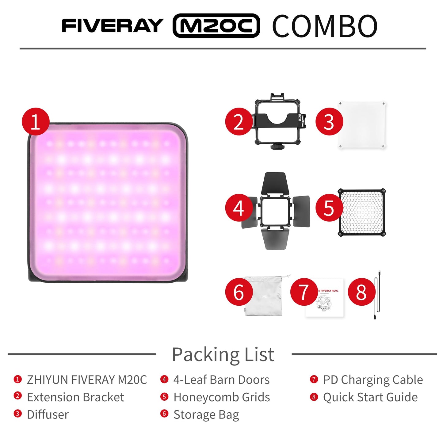 ZHIYUN FIVERAY M20C Combo [Official] RGB Video Light, 20W Portable Camera Light, HSI Mode, TLCI 96+, Temperature 2500K-10000K with 16 Light Effects, Support Magnetic Attraction and App with USB-C PD