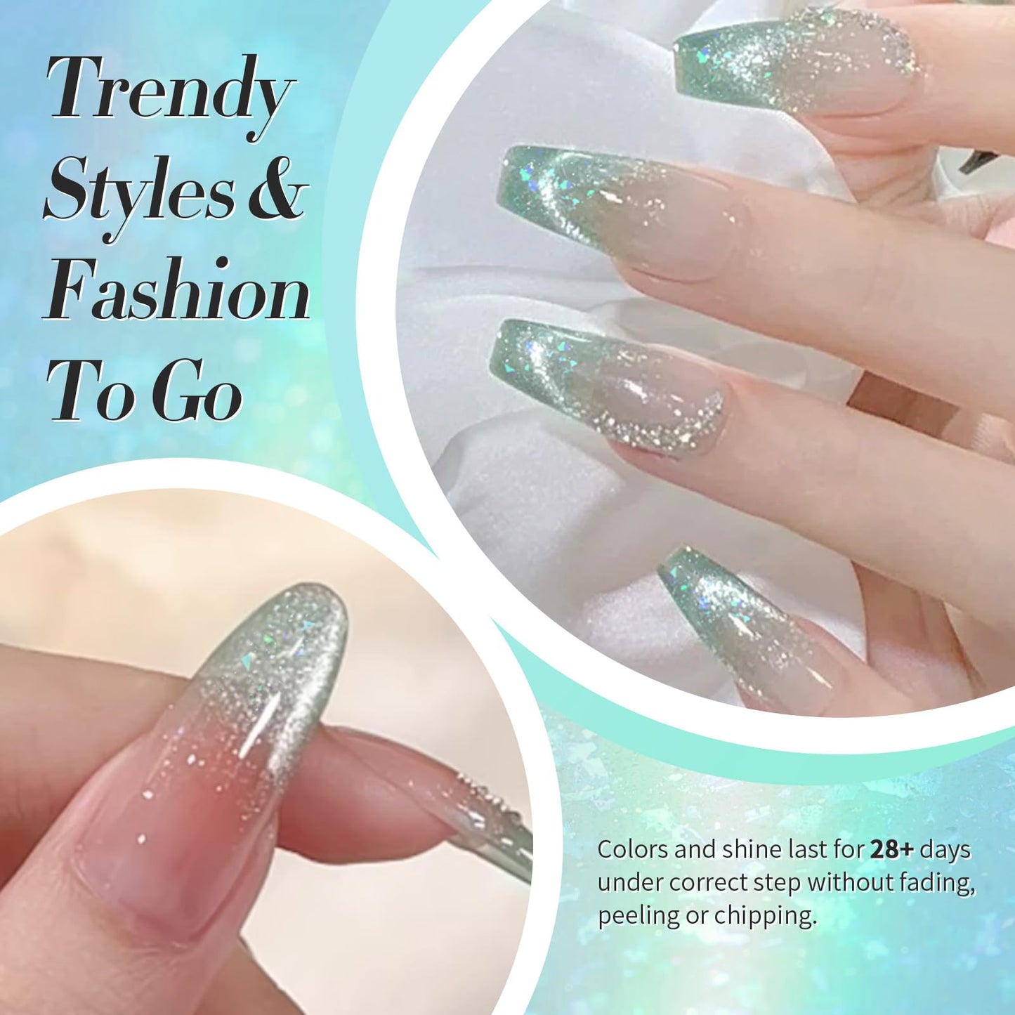 BORN PRETTY Green Cat Magnetic Eye Gel Nail Polish Shimmer Glitter Flakes Holographic Aurora Mint Green Magnetic Gel Polish Nail Art Manicure DIY at Home 15ML