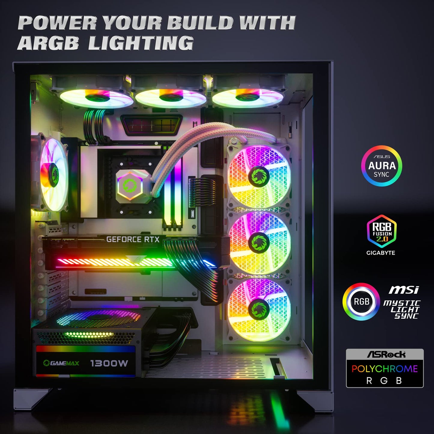 GAMEMAX 1300W Power Supply, ATX 3.0 & PCIE 5.0 Ready, 80+ Platinum Certified, Addressable RGB with 5V Motherboard Sync, 100% Japanese Capacitors, Fully Modular, RGB-1300