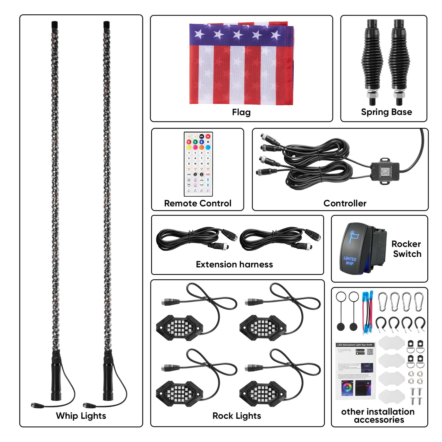 Blogole 4FT Whip Light and Rock Light Combo Kit with Spring Base, Switch, App Control, Universal for UTV/ATV/RZR/SxS/Can-am, 2 Pack