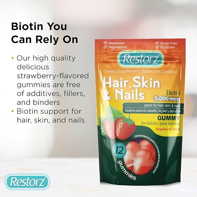 Hair, Skin, and Nails Biotin Gummy Vitamins, Strawberry Flavor (12-Pack)
