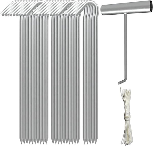 AAGUT 9 Inch Metal Camping Tent Stakes and Ties, 25 Pack Hooked Ground Stakes for Christmas Decorations, Canopy Tent Pegs for Trap, Inflatable Stakes with Tethers and T Hook
