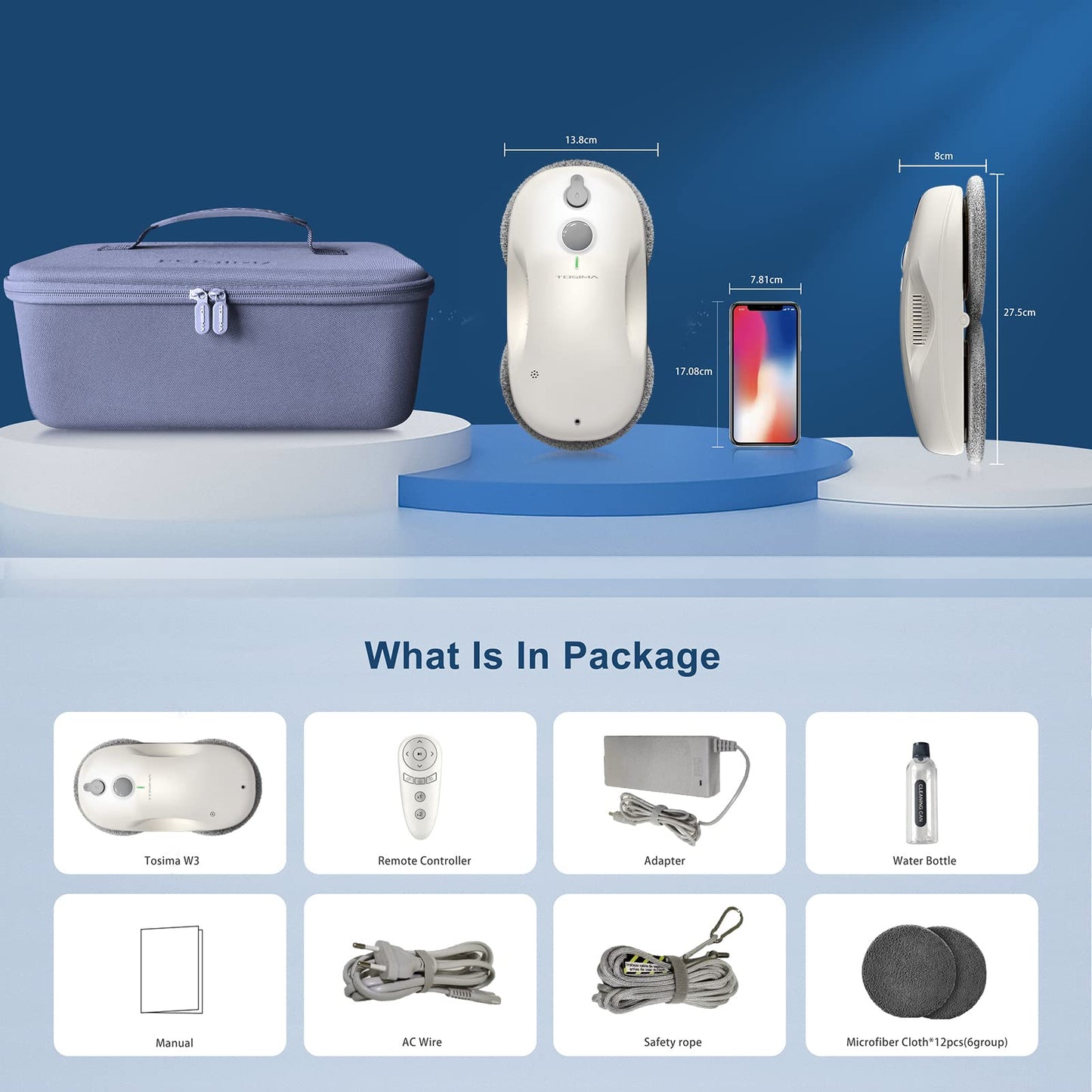 Tosima W3 Window Cleaning Robot - Dual Direction Auto-Spray Smart Window Cleaner with Triple Safety System, Smart Navigation, Remote Control, for All Smooth Surfaces, with 12 Rags, White