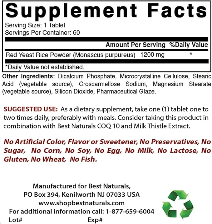Best Naturals Red Yeast Rice 1200 Mg & COQ10 100 mg