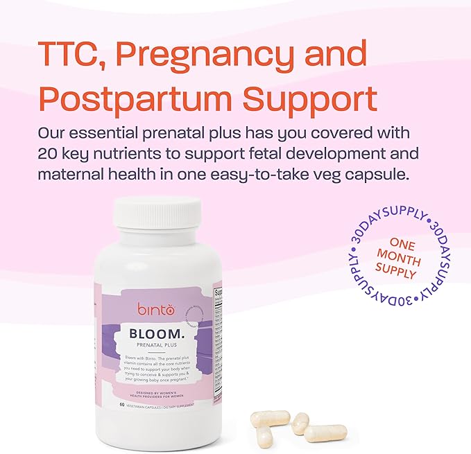 Binto Bloom Prenatal Supplements - Support Healthy Mom & Baby - 30 Day Supply - Multivitamin with Iron, Methylated Folate, Folic Acid - Non-GMO, Gluten Free, Vegetarian, No Preservatives