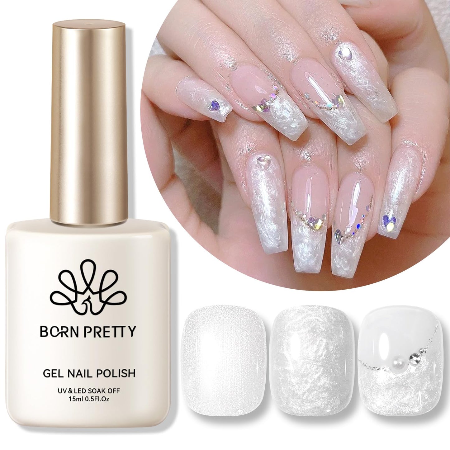 Born Pretty Pearl Gel Nail Polish White Pearlescent Shell Shimmer Mermaid Nail Gel Polish Silver Glitter Drawing Nail Polish Soak Off U V Led Curing Requires Nail Gel for Salon Home DIY Manicure Use