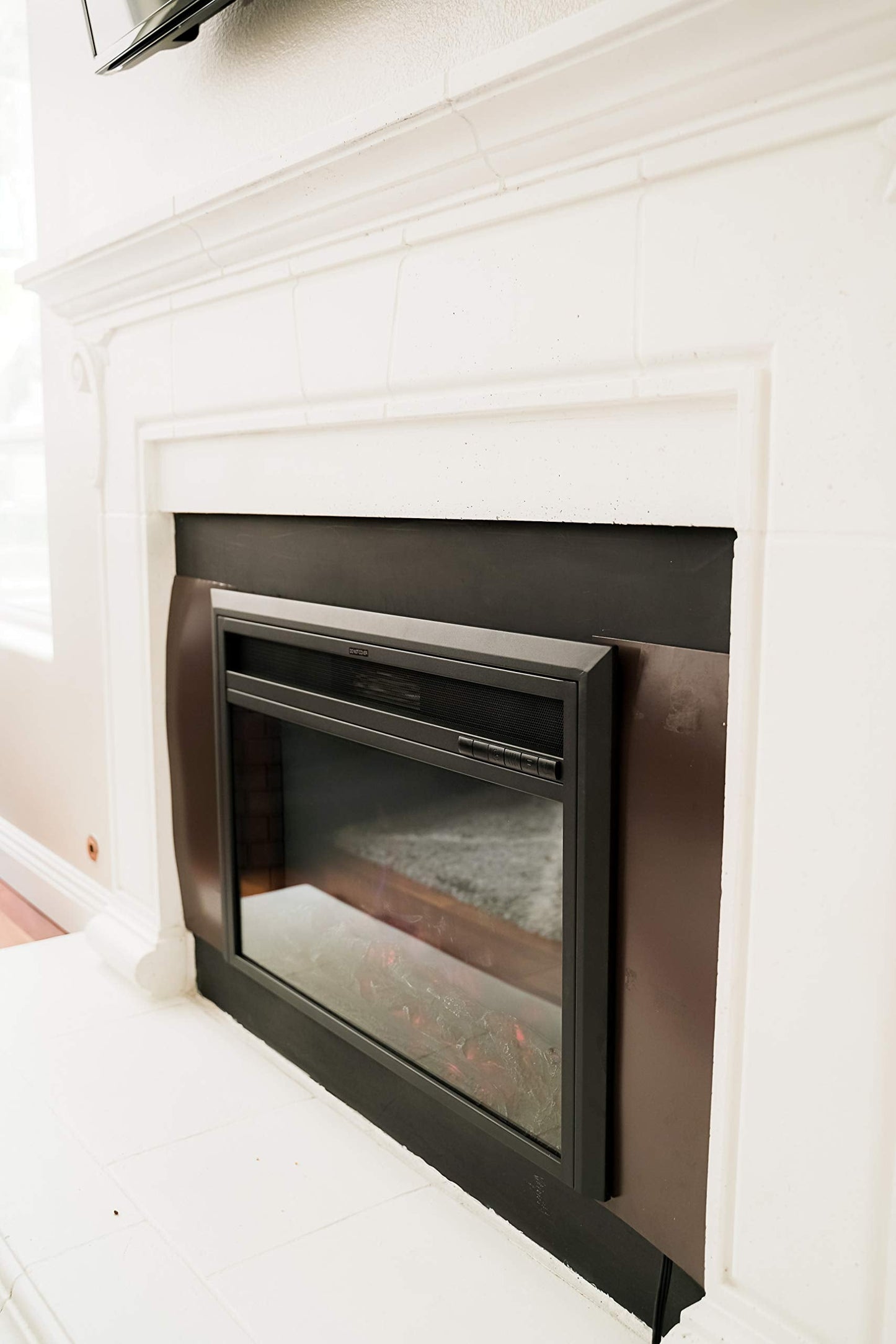 XBrand 32 Inch Insert Electric Fireplace Heater with Remote Control, LED Rolling Flame Effect, and Temperature Limiting Control, Glass and Steel Indoor, Black