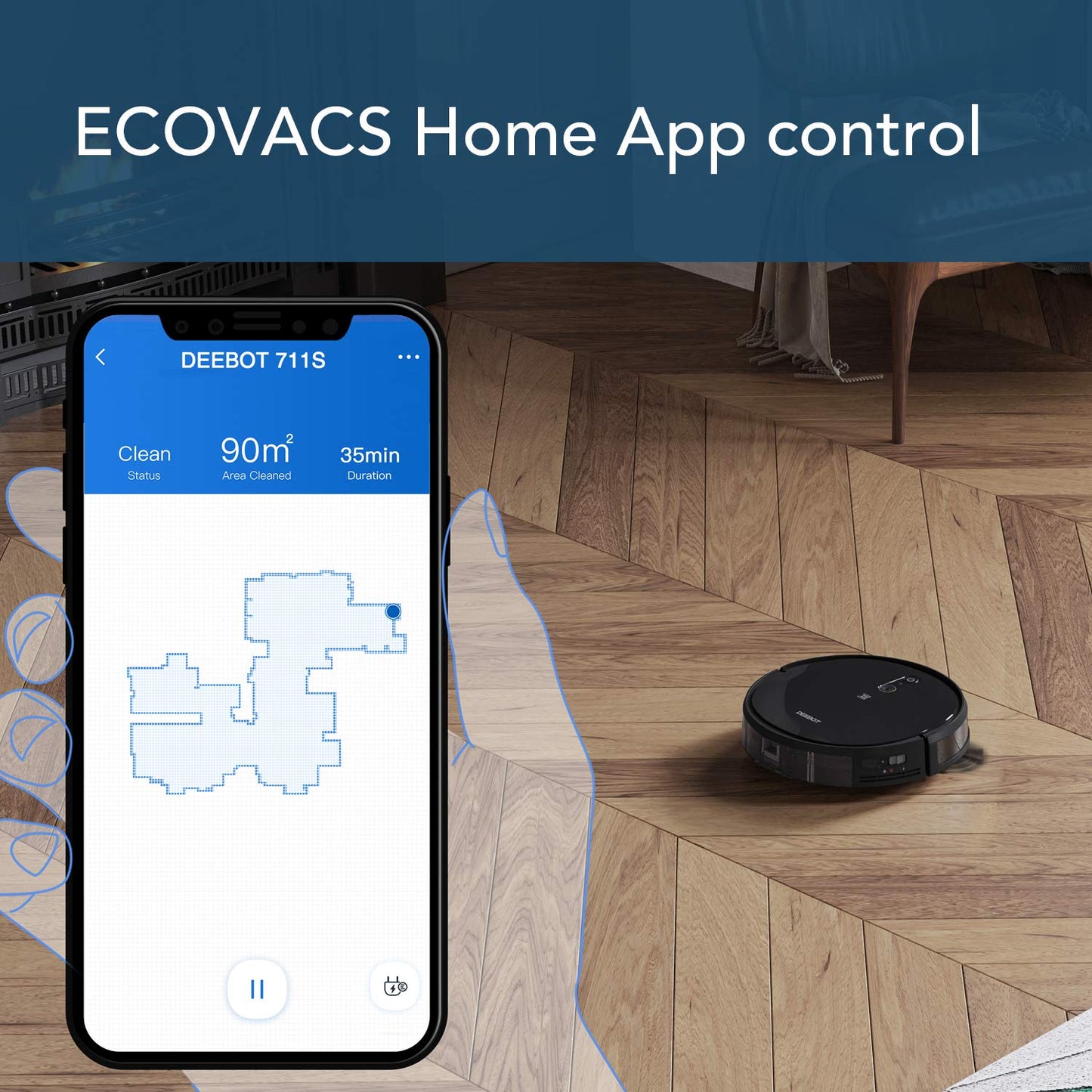 ECOVACS DEEBOT 711S Robot Vacuum Cleaner with Smart Navi 2.0 Visual Mapping, Max Power Suction, Up to 130 Min Runtime, Hard Floors & Carpets, Pet Hair, App Controls, Self-Charging, Quiet, Black