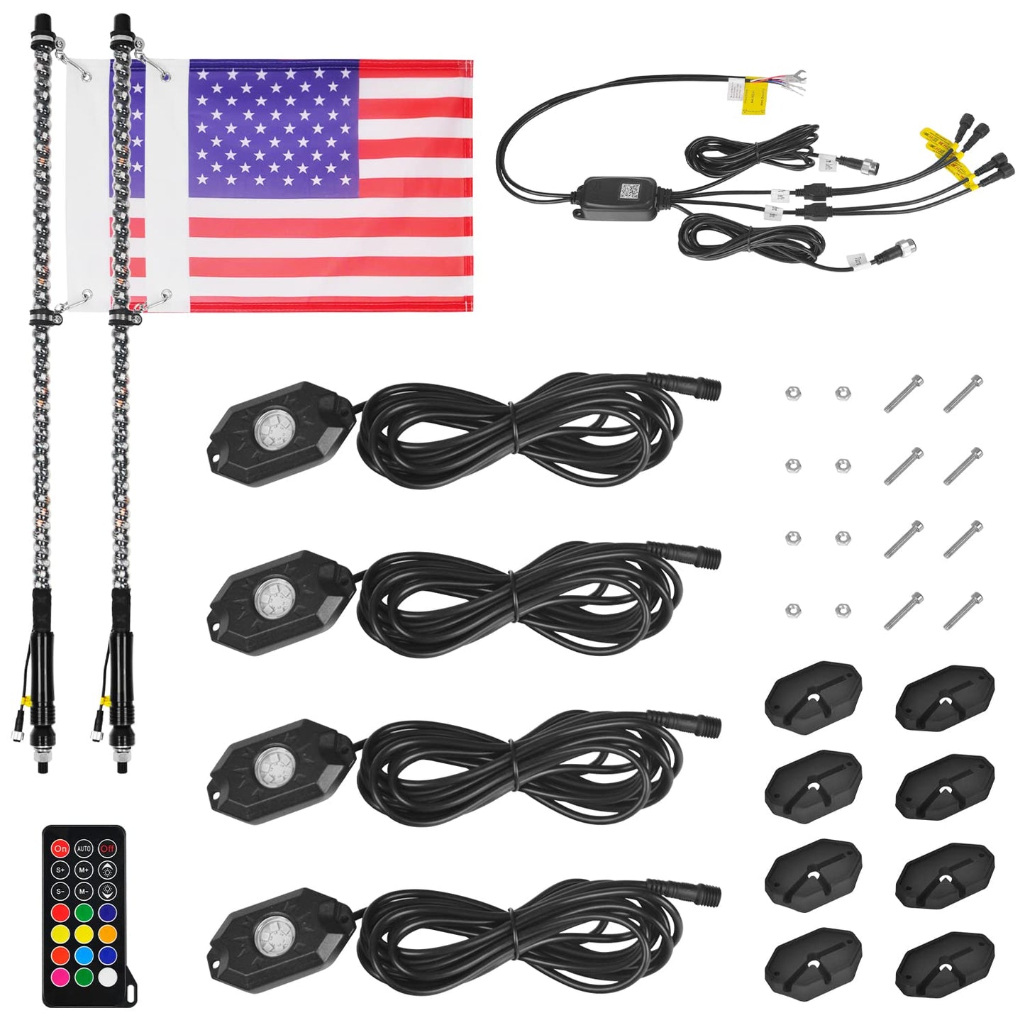 OHMU 2Pcs 3FT Led Whips and 3rd-Gen Rocks Lights Combo Bluetooth and Remote Control,Upgraded Higher Brightness 360° Spiral RGB Chasing Lighted Antenna Whips and Neon Pods