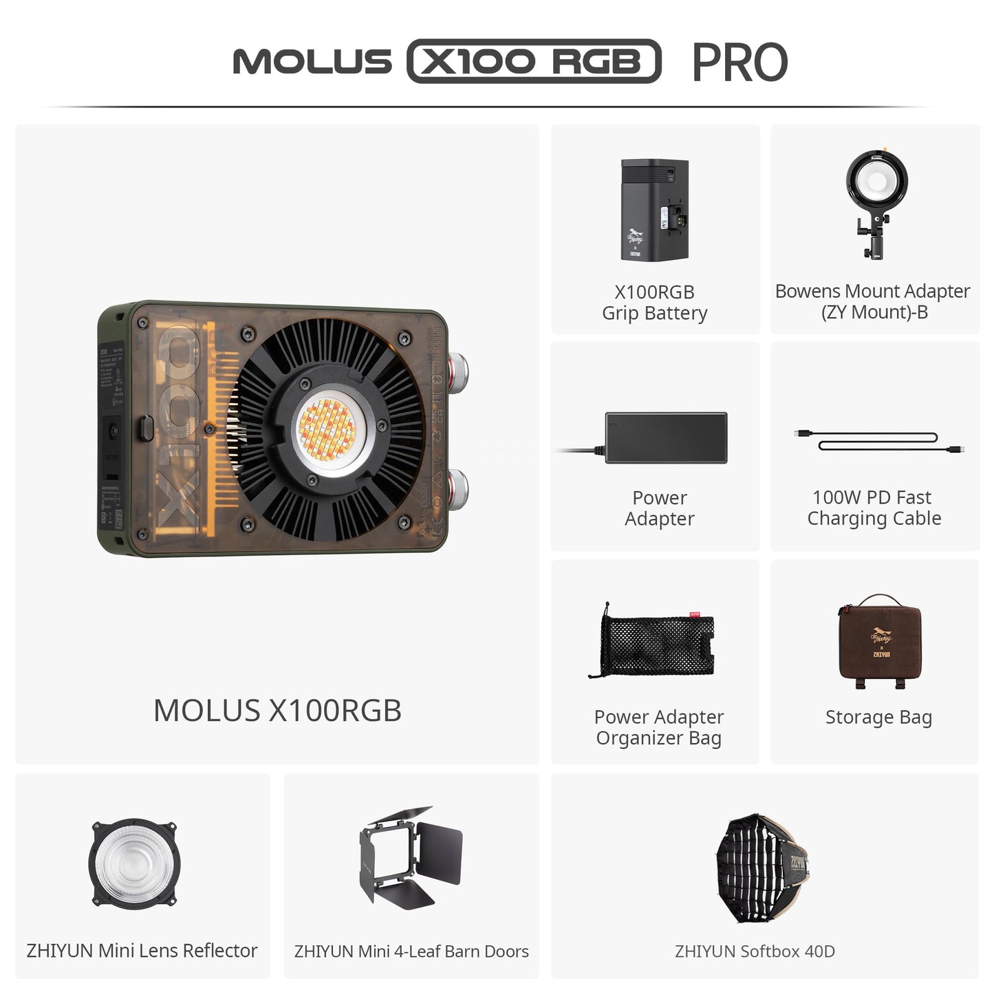 ZHIYUN MOLUS X100 RGB PRO 100W Video Light [Official] V2 Upgraded Version Professional Photography Lighting Portable Continuous Output Lighting 2500K~10000K CRI≥95 TLCI≥97 Only 384g for Youtuber TT