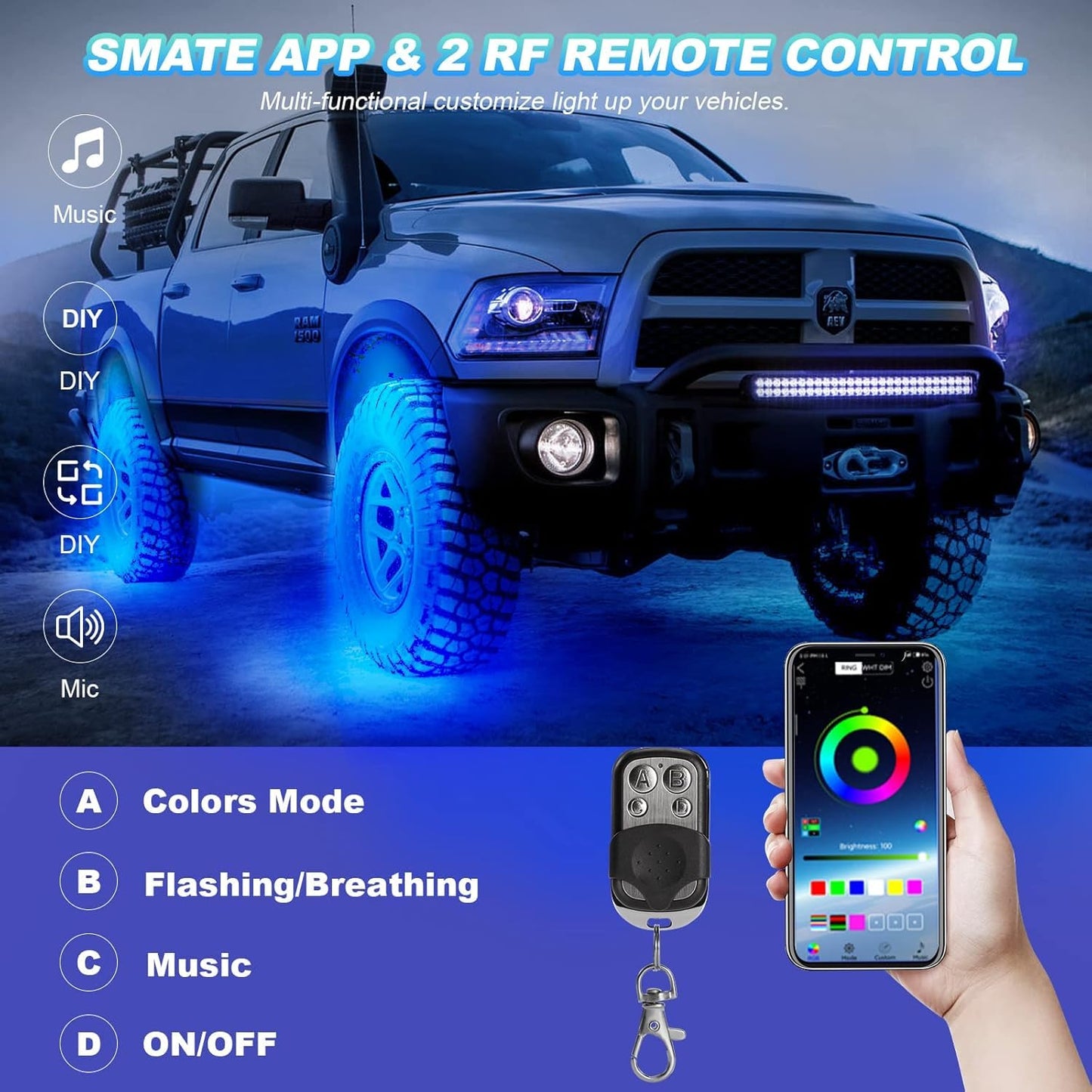 20 Pods RGB LED Rock Lights for Semi Trucks Offroad Pickup Trailer Sedan Boat, 12V Waterproof Dual Zone APP/RF Control Music Mode Brake Light Red Green Blue Underglow Neon Kit with Extension Wires