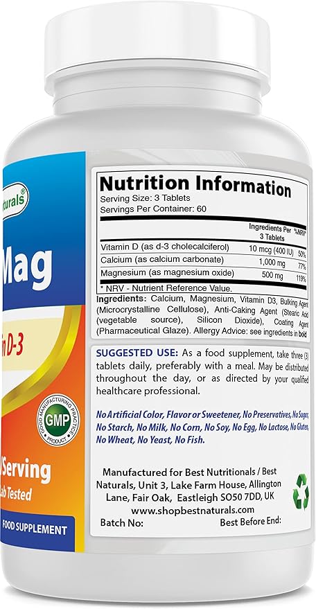 Best Naturals Calcium Magnesium with Vitamin D3 1500mg Serving 180 Tablets (180 Count (Pack of 1))