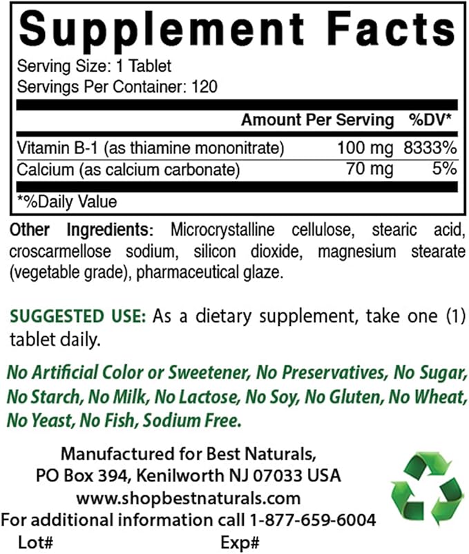 Best Naturals Vitamin B1 as Thiamine Mononitrate 100 mg Tablets (120 Count (Pack of 3))