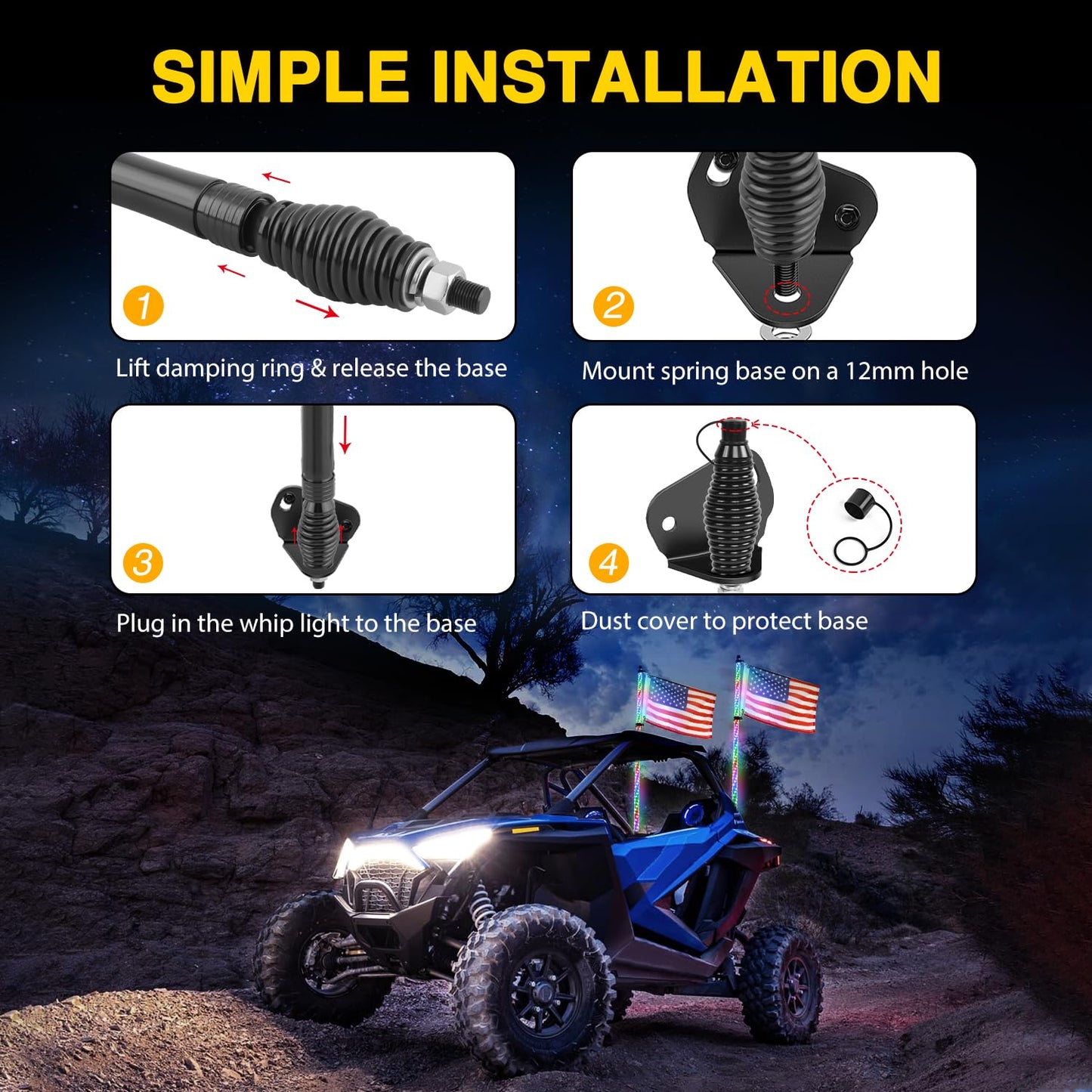 GOOACC 2 PCS 4FT LED Whip Light with Spring Base Spiral RGB Chasing RF Remote Lighted Whips w/Rocker Switch LED Antenna for UTV ATV Truck Sand Rail Buggy Dune RZR Can-am