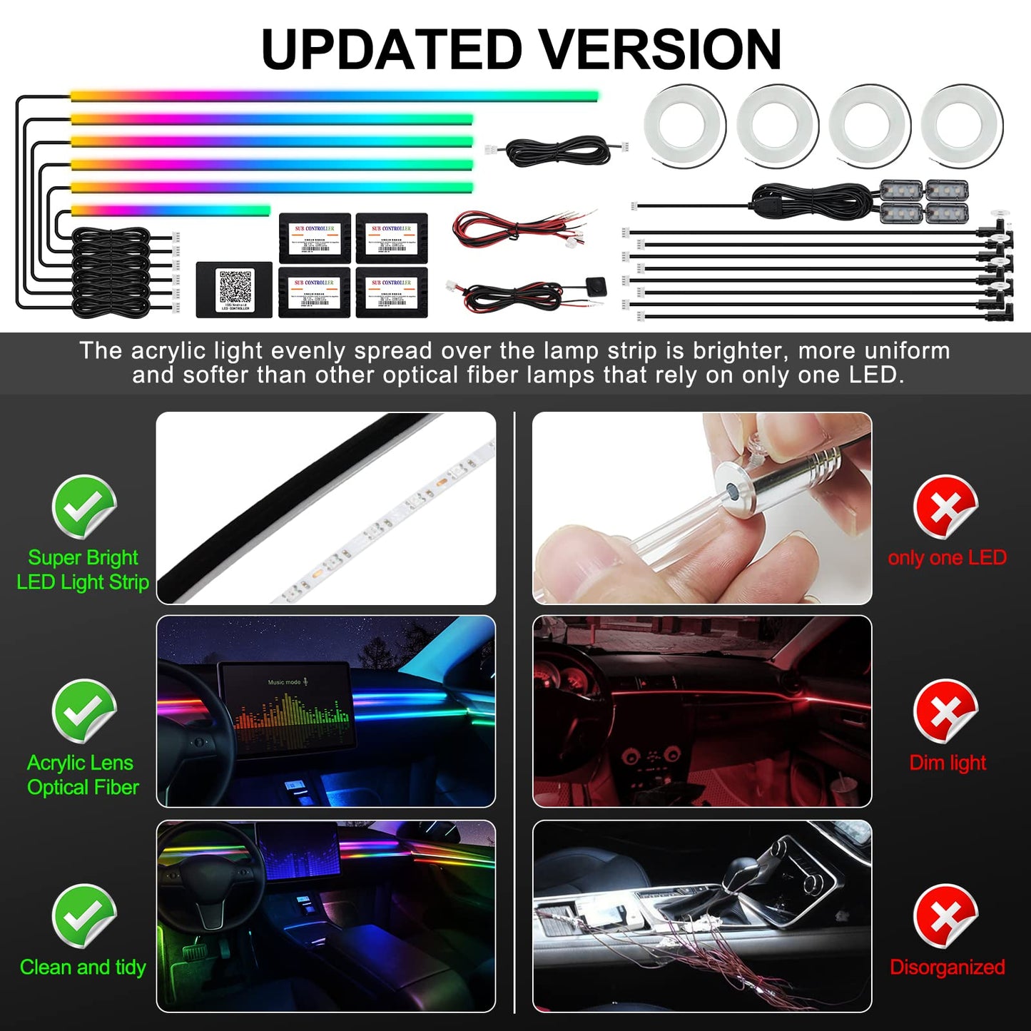 Dreamcolor Acrylic Interior Car LED Strip Light with Wireless APP, RGB 22 in 1 with 175 inches 593 LEDs Fiber Optic Ambient Lighting Kits, 16 Million Colors Sound Active Function Car Neon Lights