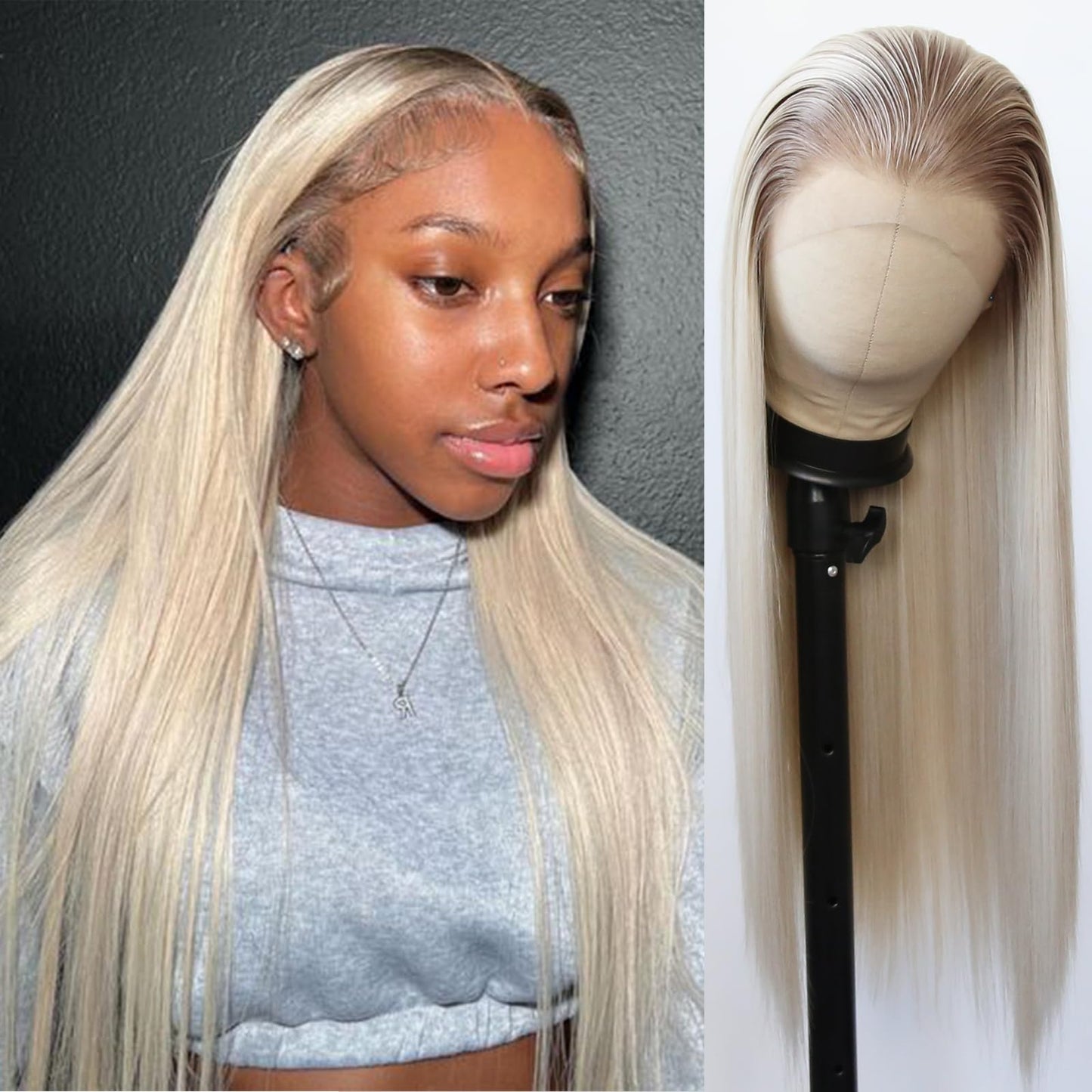 BTWTRY Dirty Blonde Wig Long Straight Ombre Platinum Dirty Blonde Synthetic Lace Front Wigs Pre Plucked Natural Hairline for Women Heat Resistant Fiber Ash Blonde Daily Wear Wig (Ombre Dirty Blonde)