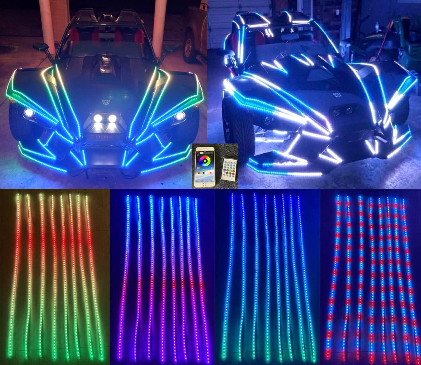 8PCS 6.5FT 2Meters 78" Dream Color Chasing Flow Series LED Strobe Flash Breath Strips Lights for Polaris Slingshot Golf Cart Ryker Spyder Lighting Kit Underglow Hood Lights Strips Bluetooth + Remote
