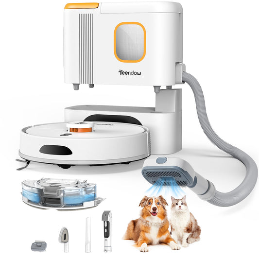 Teendow D20S Max+ Robot Vacuum and Mop, 6000Pa Suction for Pet Hair, with Self-Emptying Dock and Pet Grooming Parts, 10 Weeks Hands-Free Cleaning, PreciSense LiDAR Navigation, App & Voice Control