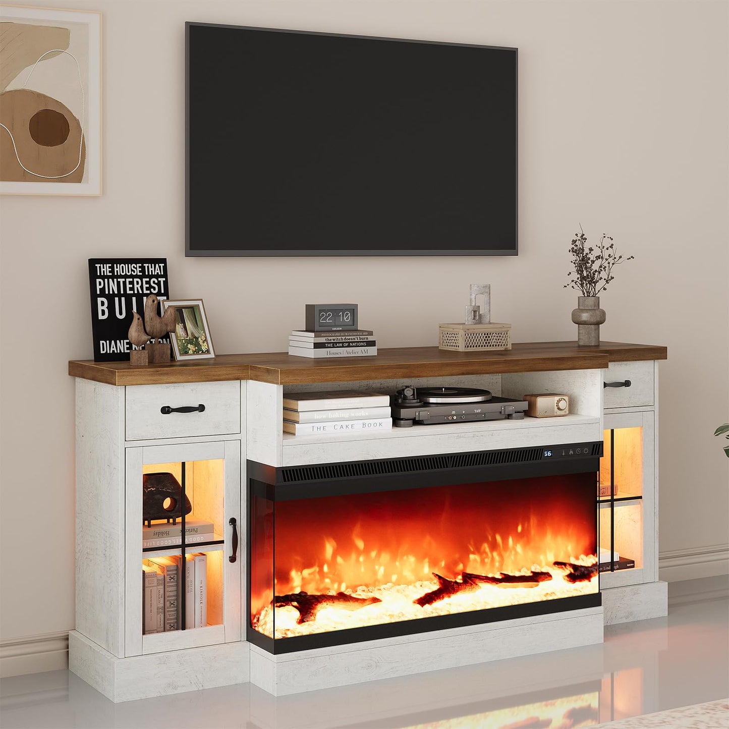 4 EVER WINNER Fireplace TV Stand with 40" Electric Fireplace for 80" TV, 70" Entertainment Center with Adjustable Storage Cabinets, 2 Drawers, TV Consoles for Living Room, White