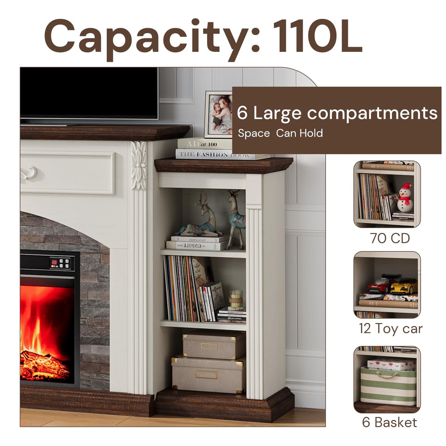 80" Electric Fireplace with Mantel, Fireplace TV Stand for TVs Up to 90",Modern Entertainment Center with Realistic Stacked Stone Surround,Wooden Carved Decorative Mantel, Ideal for Living Room