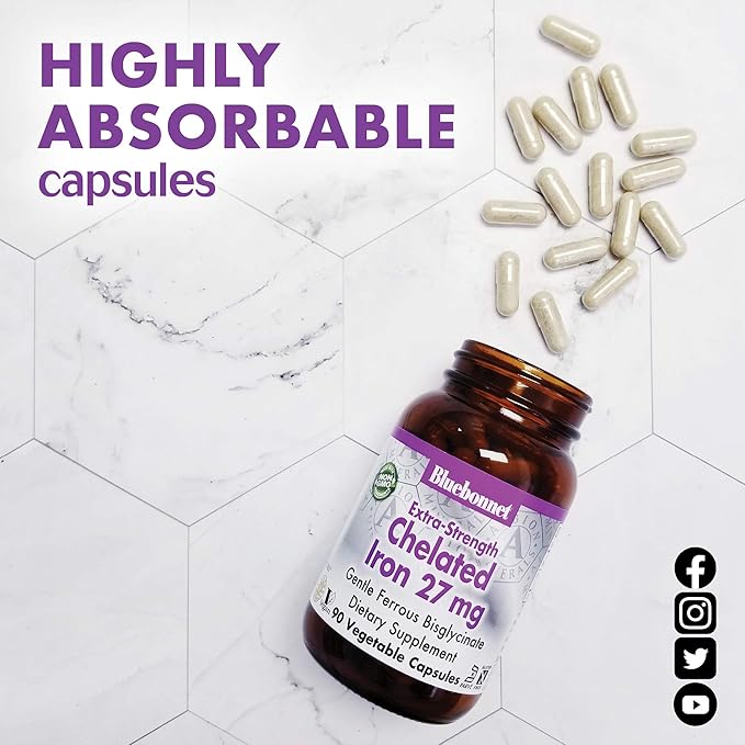 Bluebonnet Nutrition Albion Extra-Strength Chelated Iron 27 mg, For Healthy Red Blood Cell production*, Soy-Free, Gluten-Free, Non-GMO, Kosher, Dairy-Free, Vegan, 90 Vegetable Capsule, 90 Serving