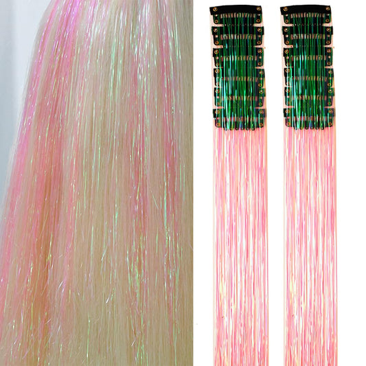 Hair Tinsel Pack of 12 Pcs Clip in Hair Tinsel 20 Inch Colorful Glitter Tinsel Hair Extensions Tinsel Fairy Hair Party Dazzle Hair Accessories Strands Kit for Women Girls Kids(12Pcs,Light Pink#)