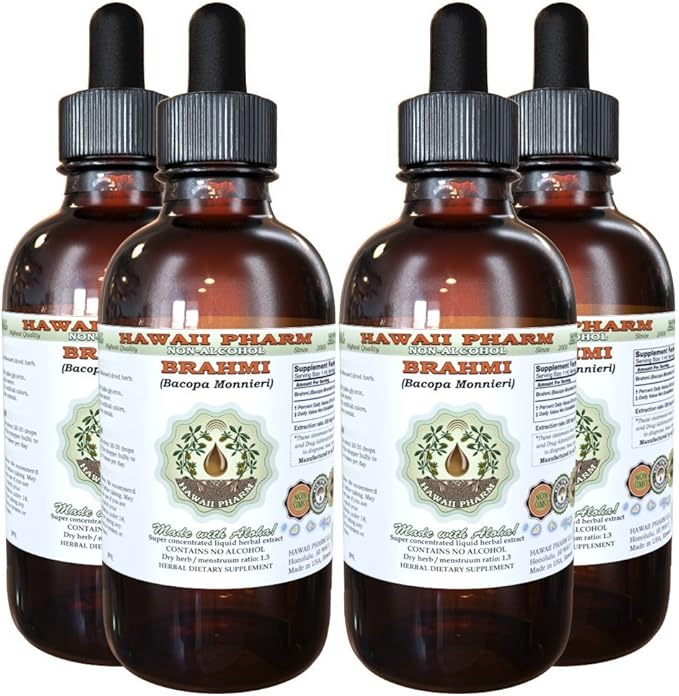 Brahmi Alcohol-Free Liquid Extract, Organic Brahmi Liquid (Bacopa Monnieri) Whole Herb Dried Glycerite Hawaii Pharm Natural Herbal Supplement 4x4 oz
