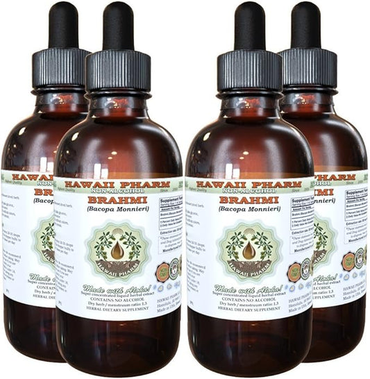 Brahmi Alcohol-Free Liquid Extract, Organic Brahmi Liquid (Bacopa Monnieri) Whole Herb Dried Glycerite Hawaii Pharm Natural Herbal Supplement 4x4 oz