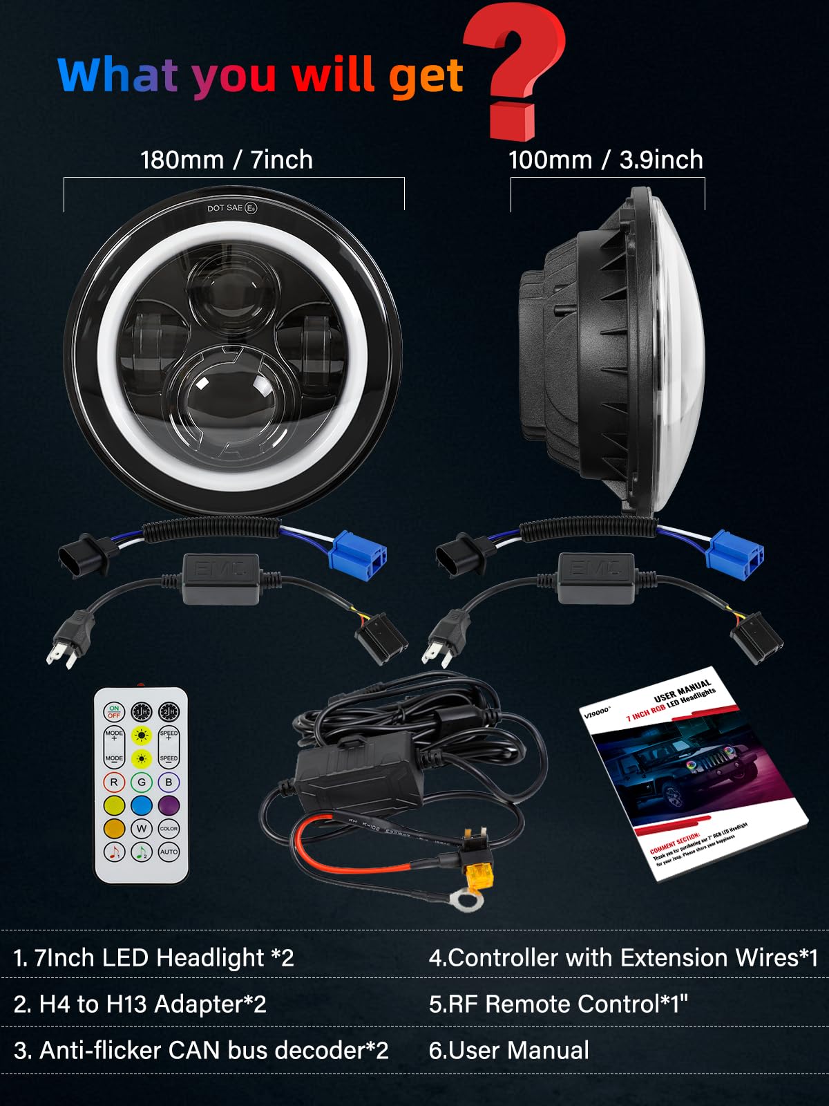 VI9000 7 inch Led Headlights Round with White DRL RGB Halo Turn Signal DOT Approved H6024 Led Headlights Compatible with Jeep Wrangler JK TJ CJ & Miata & Chevy S3 & Hummer H1, Plug and Play (Pair)