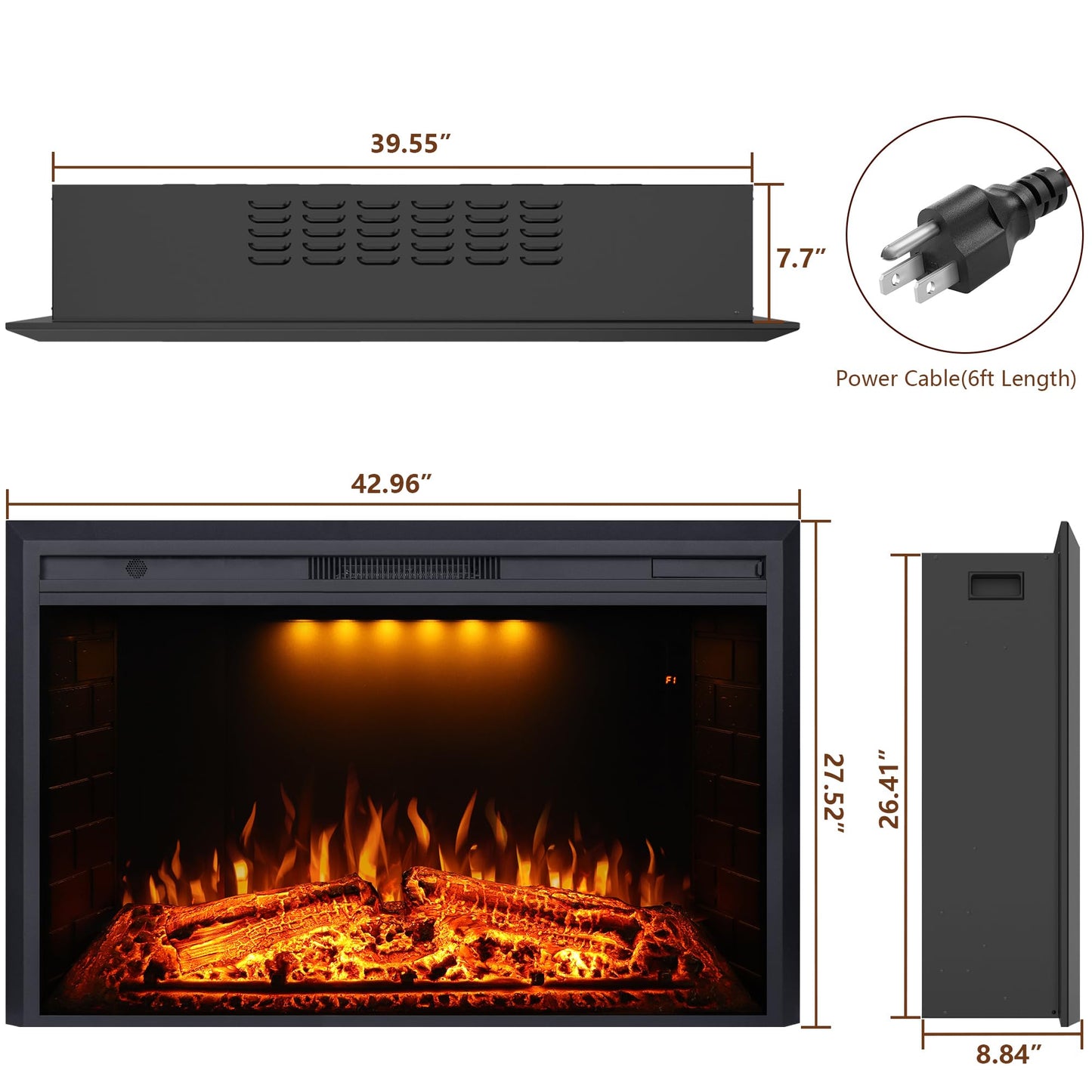 Valuxhome 43 Inches Electric Fireplace Heater Insert with Overheating Protection, Fire Crackling Sound, Remote Control, Thermostat, 750/1500W, Black