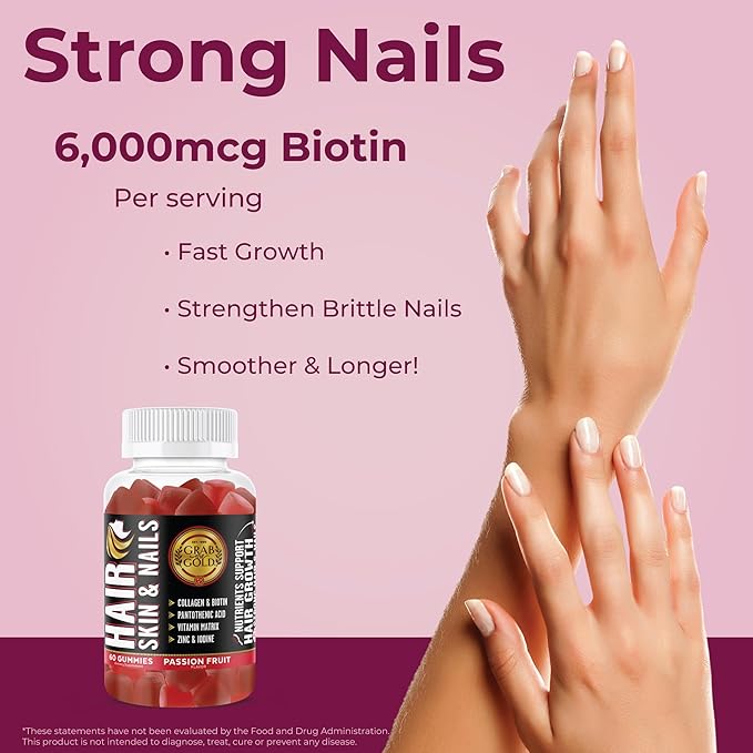 Grab The Gold Hair Skin & Nails Gummies Vitamins with 6000mcg Biotin + Collagen + 10 Vitamins & Minerals, Gluten-Free, Passion Fruit Flavor (1 Bottle = 1 Month Supply)