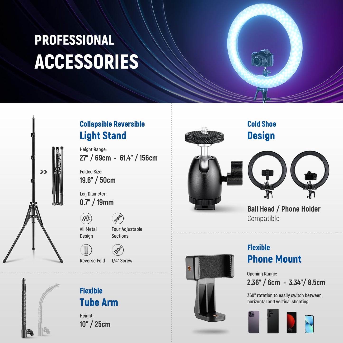 NEEWER 18 Inch RGB LED Ring Light APP Control with Tripod Stand and Phone HolderCompatible with iPhone for Selfie Makeup Lash Studio Streaming Video Recording Lighting, 42W Ringlight Dimmable,RGB18 II