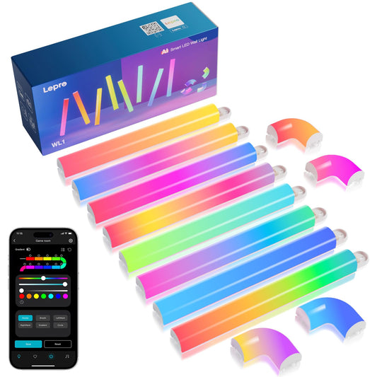 Lepro WL1 AI Smart RGB Wall Lights for Christmas Decorations, LLM AI Generated Lighting with LightBeats Music Sync, Voice Control Via App, Wi-Fi & Bluetooth LED Light Bars, 8 Pcs with 4 Corners