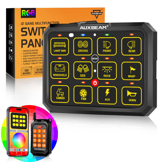 Auxbeam 12 Gang Switch Panel Bluetooth RGB AC-1200 with APP&Remote Control Toggle Momentary Pulsed Switch Pod Off Backlight for Truck Offroad UTV ATV Car Marine 12-24V Waterproof 2 Years Warranty