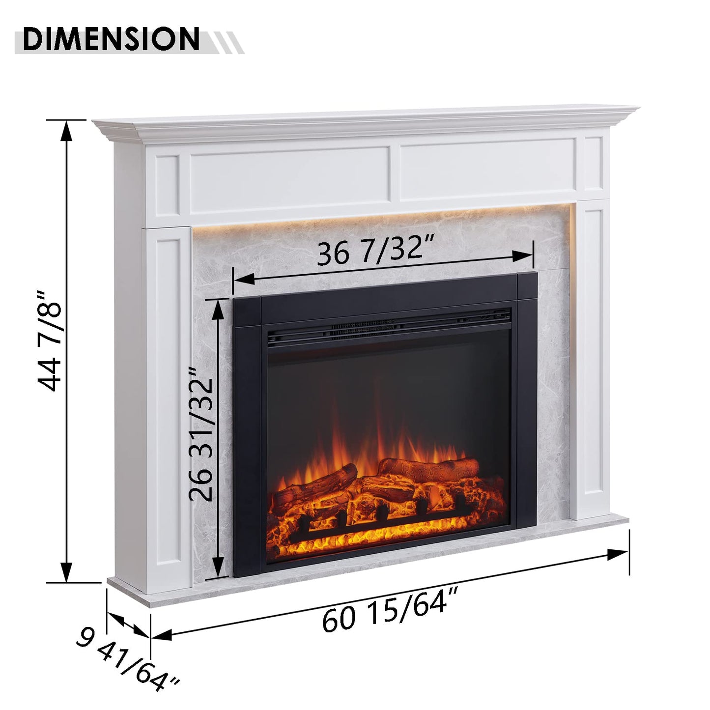 LegendFlame® Ashley Electric Fireplace with 60" Mantel Surround and Jaden 36" Insert, Cream White with Light Grey Marble Finish