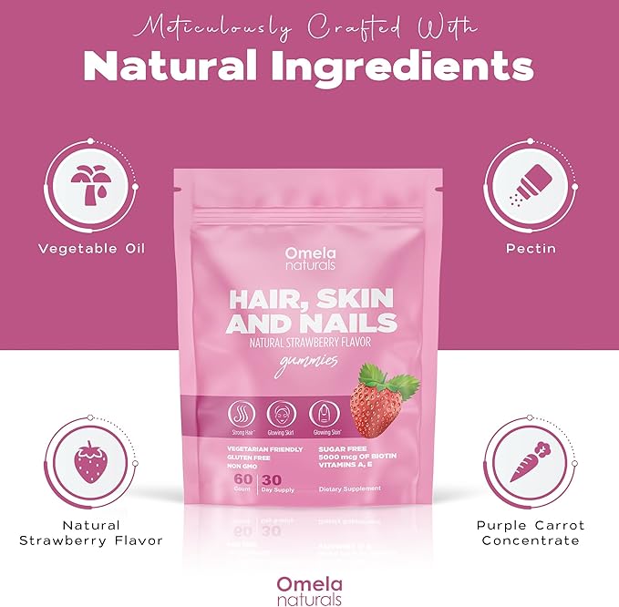 Hair, Skin and Nails Premium Gummies 60ct - Beauty Supplement with 5000mcg Biotin, Vitamins A, C, E, Zinc - Support Hair Growth, Healthy Skin & Strong Nails