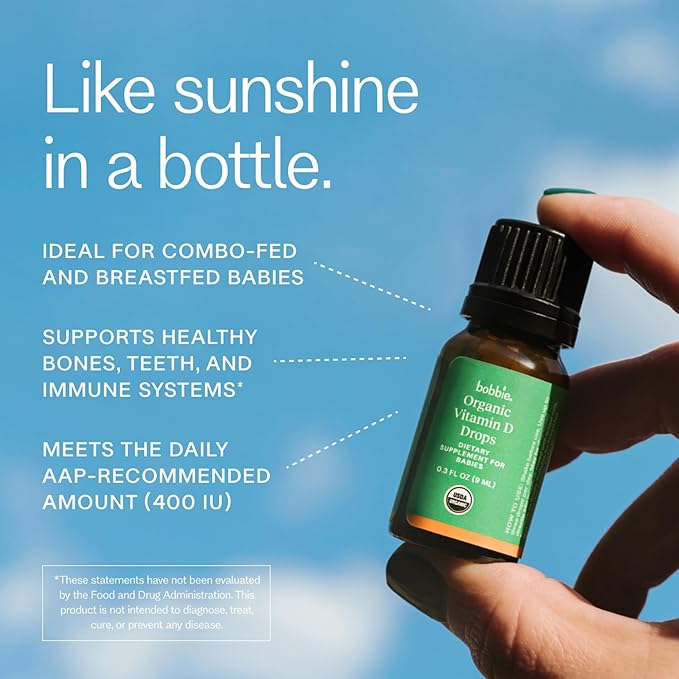 Bobbie Organic Baby Vitamin D Drops, Daily Liquid Supplement to Support Development, Immune Health and Strong Teeth and Bones* in Newborn Babies and Infants, Vegan, Infant Vitamin D, 400 IU, 0.3 fl oz